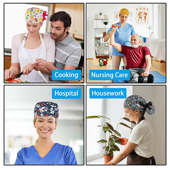 Scrub Caps Women Bouffant Scrub Caps, Adjustable Working Cap Ponytail Pouch Tie Back
