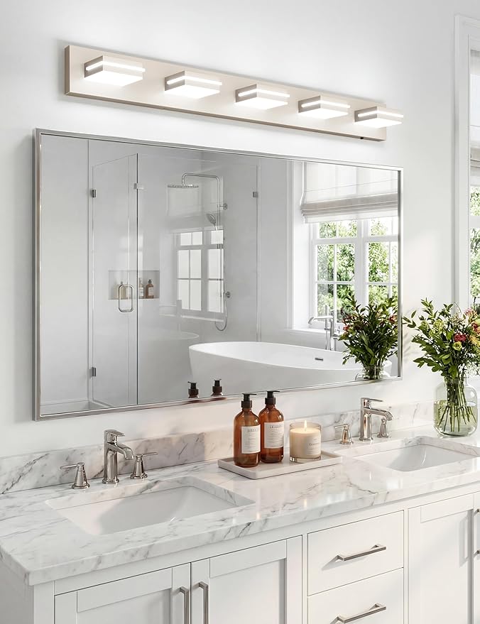 VOLISUN Modern Bathroom Vanity Light Fixtures (5-Light, 40-Inch), Brushed Nickel LED Bathroom Light Fixtures Over Mirror, 360°Rotatable Head, LED Vanity Lights for Bathroom (Cool White 6000K)