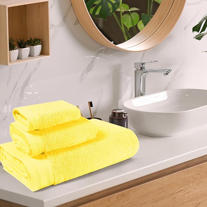 Ultra Soft 3 Pack Cotton Towel Set, Contains a Bath Towels 28x55 inch, a Hand Towels 16x24 inch & a Wash Coths 12x12 inch, Ideal Everyday use, Compact & Lightweight - Lime Yellow, Medium