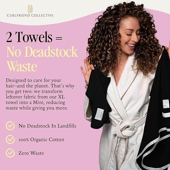 Curlfriend Collective Cotton Cloud T-Shirt Hair Towel Duo – Black to Basics Hair Towel Wrap for Women, XL + Mini Hair Drying Towels for Curly Hair, No-Slip Plopping Towel, Ultra Absorbent Cotton