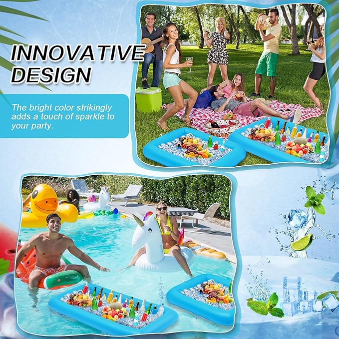 Leitee 4 Pcs Inflatable Ice Serving Bars Buffet Serving Tray Drink Cooler for Pool Party Inflatable Ice Tray Floating Food Drink Containers with Drain Plug and a Hand Pump, 2 Sizes (Blue)