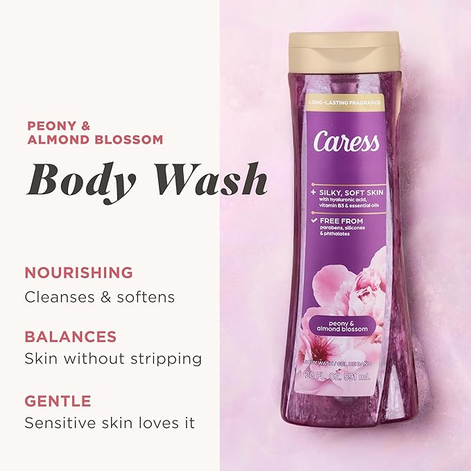 Caress Peony & Almond Blossom Body Wash, Hyaluronic Acid & Vitamin B3 for Moisturized, Silky Soft Skin, Long-Lasting Floral Bouquet Fragrance, 20 fl oz (4 Pack)
