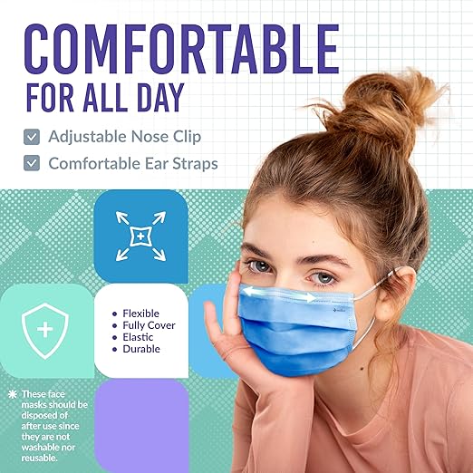 Medtecs Kids Face Mask Disposable - 2 Sizes Option (Child/Youth) 50 PCs - Comfy 3-Ply Breathable Children Masks, The Better Choice - Youth | Cobalt Blue