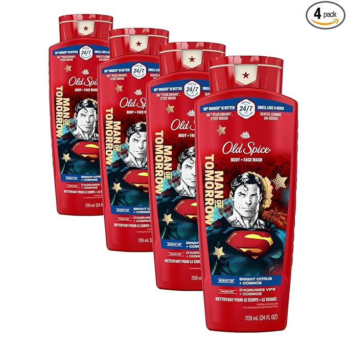 Old Spice Body Wash for Men, Superman: Man of Tomorrow, 3X Defense, 24/7 Shower Fresh with Lasting Scent, Cleansing 2-in-1 Body & Face Wash, Smell Like a Hero, Bright Citrus and Cosmos Scent, 24 oz