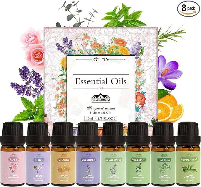 8 Pcs 100% Pure Floral Essential Oils Set for Diffuser, Home Care, Candle, Soap, Clean, Perfume, Laundry - Peppermint, Lavender, Rose, Clove - Organic Aromatherapy for Women and Mom Gift 10ml Each