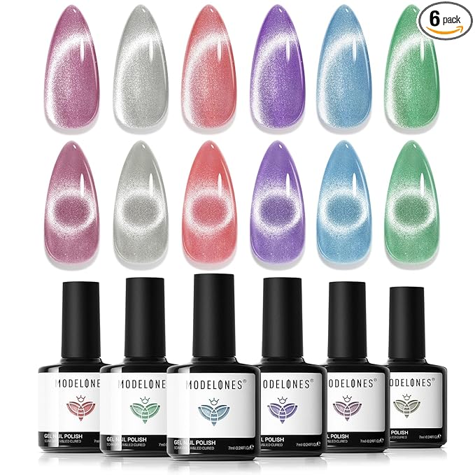 modelones Cat Eye Gel Nail Polish 6 Colors Red Green Silver Purple Blue Glitter Cat Eye Gel Polish Holographic 9D Semi-transparent With Magnet Soak Off Led Nail Art DIY Salon Gifts For Women Girl