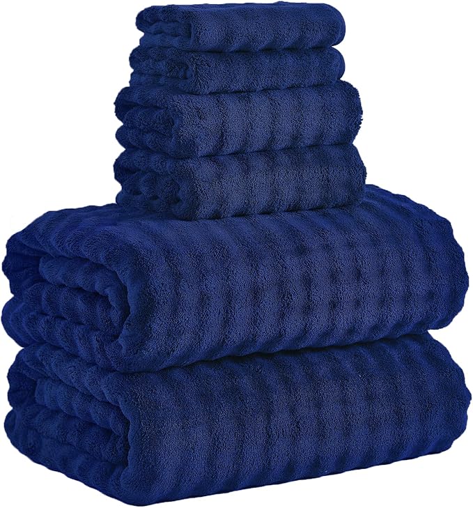 KBY Bath Towels Set 6 Piece 40x80 Inches，2 Extra Large Bath Sheets 2 Hand Towels 2 Washcloths，Highly Absorbent Quick Dry Microfiber,Ultra Soft Towel Set for Bathroom，Spa，Gym， Hotel(Navy Blue)