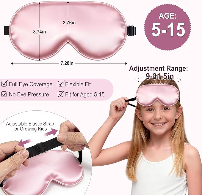 Kids Sleep Mask, Kids Eye Mask for Boys Girls, Kid Silk Eye Masks with Adjustable Strap for Sleeping, 100% Light-Blocking Sleep Eye Cover, Includes Protective Laundry Bag (Pink)