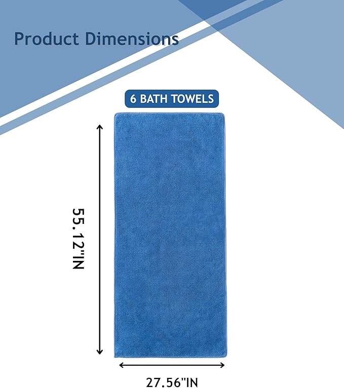 sakano 6-Piece Microfiber Bath Towel Set - Quick-Drying Bath Towels,Absorbent& Lint Free Soft Launder for Family, Gym, and Spa -Blue, 28 x 55 inches
