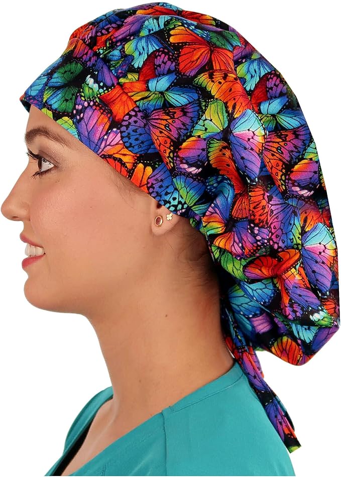Sparkling EARTH Banded Bouffant Surgical Scrub Ponytail Working Caps and Built-in Sweatband - 100% Cotton - Made in The USA