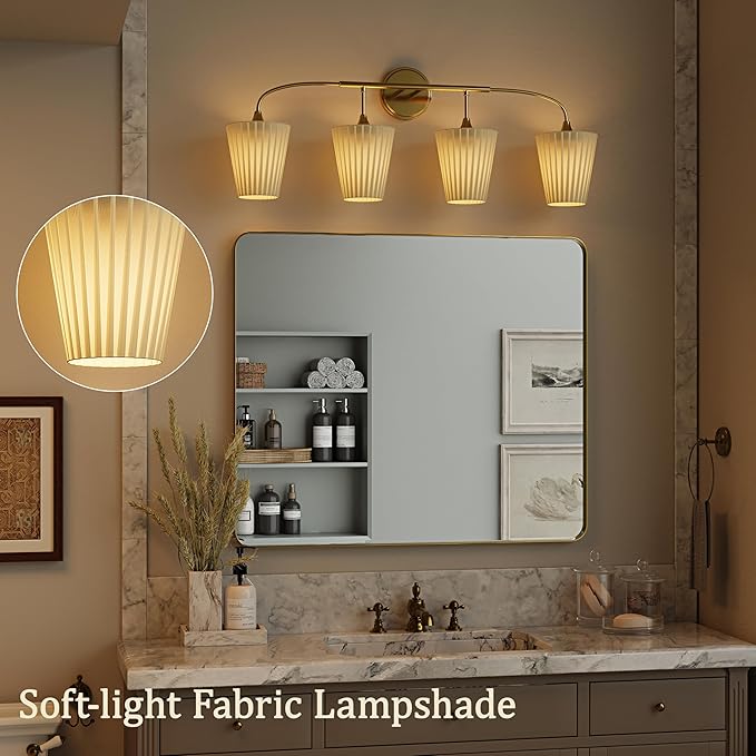 4-Light Bathroom Light Fixtures, Gold Bathroom Vanity Light Over Mirror, Modern Light Fixtures with Flared Fabric Shade for E26 Bulbs, Wall Sconce Light for Bedroom, Hallway with ETL