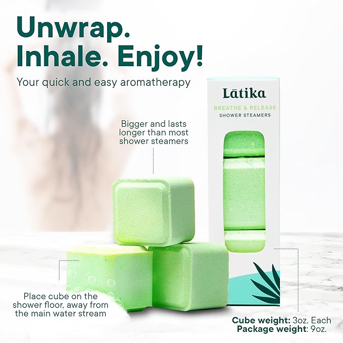 Latika Breathe & Release Aromatherapy Shower Steamer - Eucalyptus and Peppermint Essential Oils for Stress Relief, Relaxation and Anxiety Support Long-Lasting, Natural, Vegan Shower Must-Haves