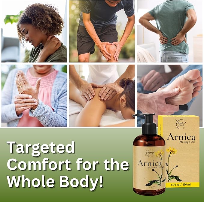 Brookethorne Naturals Arnica Massage Oil for Massage Therapy — Ideal for Athletic & Post Workout | Arnica Montana, Sweet Almond, Jojoba & Essential Oils | Botanical Formula for Active Lifestyles — 8oz