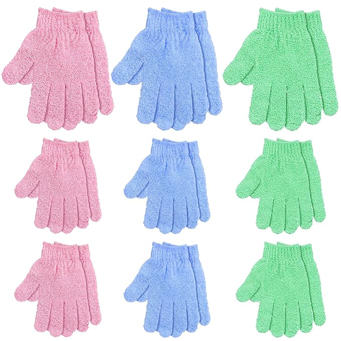 6 Pairs Exfoliating Gloves for Shower, Body Scrubber Mitts in Blue, Pink, Green, Korean Exfoliating Mitt for Smooth Skin