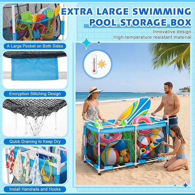 Briwooody 333 Gallon Pool Float Storage, 65" Swimming Pool Storage Organizer Rolling Bin with Zipper and Hooks for Outdoor Noodles, Toys, Towels, Floats, Beach Balls (Single Tier,65 x 37.4 x 31.9in)