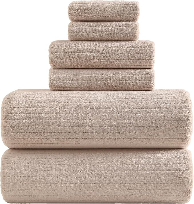 YTYC 39x78 Bath Sheets Extra Large Bath Towels Set for Adults Super Soft Absorbent Striped Microfiber Oversized Bathroom Towels - Beige, 6 PCS