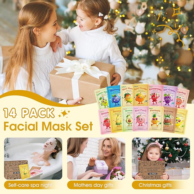 KONEUK 126 Pack Sheet Hydrating Face Masks Skincare for Women, Bulk Fruit Face Mask Skin Care for Kids, Facial Masks Set for All Skin Types, Mothers Day Gifts, Spa Party Supplies for Girls Teens