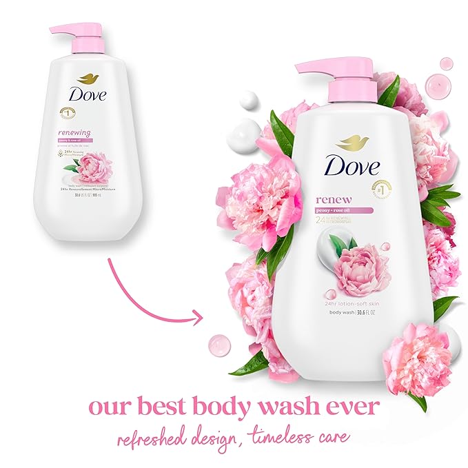 Dove Body Wash with Pump Renew Peony & Rose Oil For 24hr Lotion-Soft Skin Moisturizing Skin Cleanser with No Sulfates No Parabens 30.6 Oz (Pack of 3)