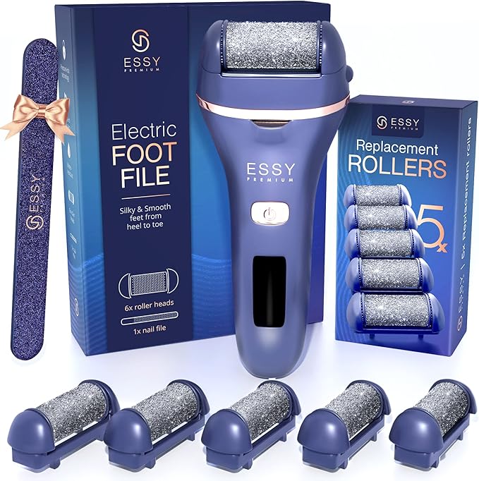 Essy Electric Foot File Hard Skin Remover with 5 Replacement Rollers Foot File Electric Pedicure Sets Cutters Accessories for Dry Dead Hard Skin Feet Callus Remover for Feet Care Exfoliator (Navy)