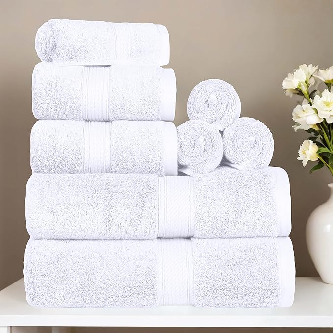 SUPERIOR Egyptian Cotton Pile 8 Piece Towel Set, Includes 2 Bath, 2 Hand, 4 Face Towels/Washcloths, Ultra Soft Luxury Towels, Thick Plush Essentials, Guest Bath, Spa, Hotel Bathroom, White