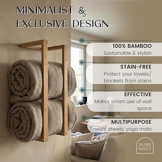 Bamboo Towel Racks - Vertical Wood Towel Rack Bamboo Bathroom Accessories, Storage, Wall Towel Rack for Rolled Towels for Bathroom Furniture, Spa Furniture and Decor (Natural, Medium)