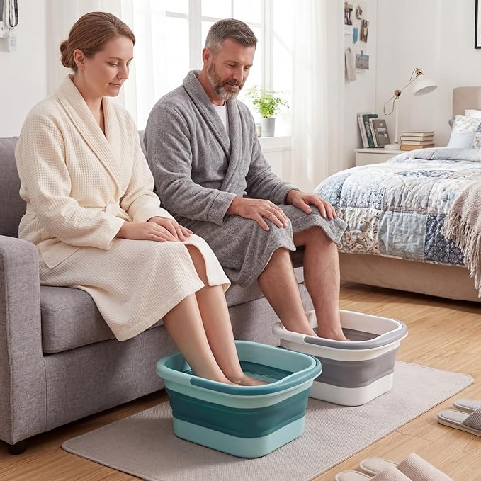 2 Pack Collapsible Foot Bath Plastic Foot Soaking Tub Portable Feet Bucket with Handles and Massage Acupoint for Feet Care Routine Home (Green and White)