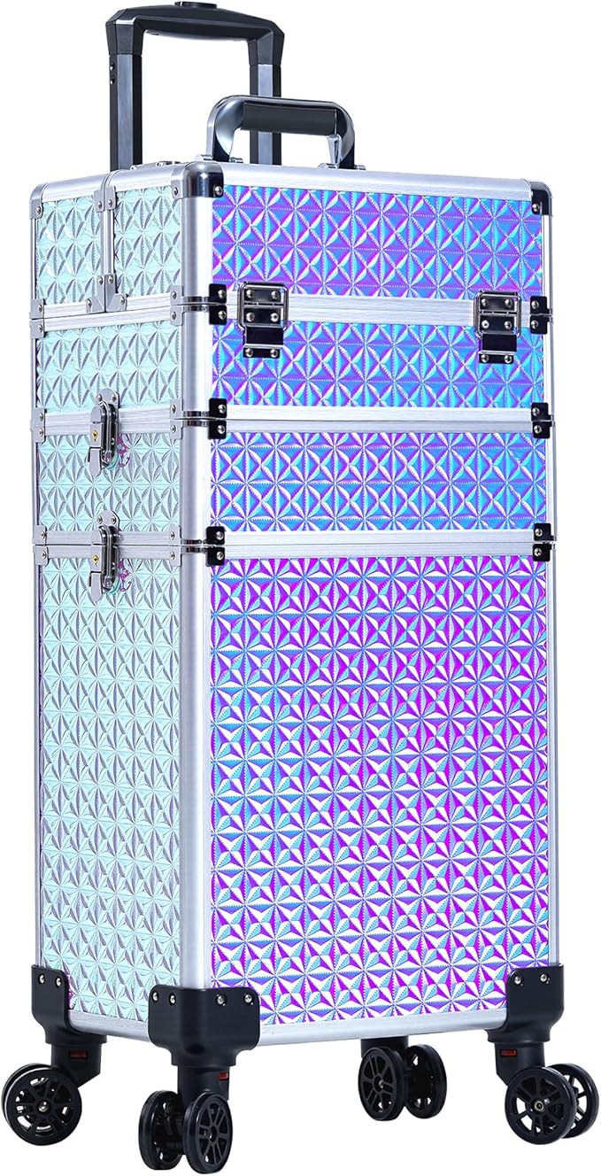 3 in 1 Rolling Makeup Train Case Professional Large Cosmetic Trolley Cosmetology Case on Wheels Traveling Cart Trunk for Hairstylist Artist Nail Beauty Salon Barber, Silver