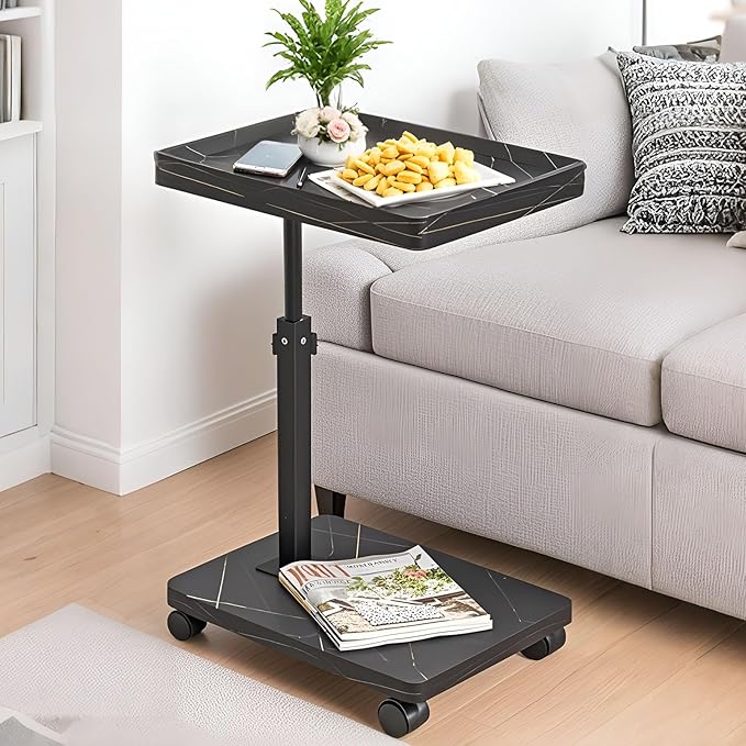 C Table End Table Adjustable Height,C Shaped End for Couch，Snack Tables,360°Swivel TV Tray Sofa Table,Tables that Slide Under,Coffee SideTable for Bed,Chair,Bath-tub (Black Color)