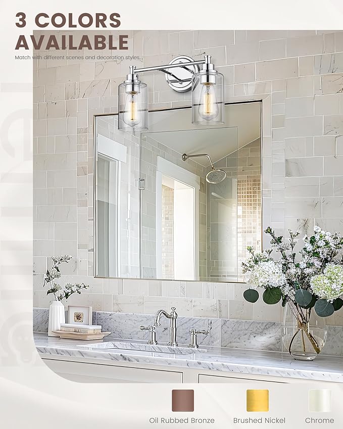 FEMILA Modern Bathroom Light Fixtures, 2-Light Bathroom Vanity Lights Over Mirror with Clear Glass Shade, Chrome Finish, 4FYC56B-2W CH