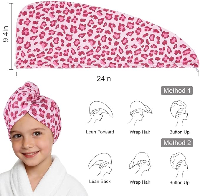 2 Pack Microfiber Hair Towel Wrap for Girls, Quick Dry Hair Turban for Kids, Absorbent Frizz-Free Hair Drying Towel with Button for Long Thick Curly Hair, Purple Pink Leopard
