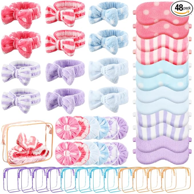 Kajaia 48 Pcs Sleepover Party Supplies for Girls Slumber Party Supplies for Women Spa Headband Favor Mask Scrunchies Bag(Macaron,Sweet)