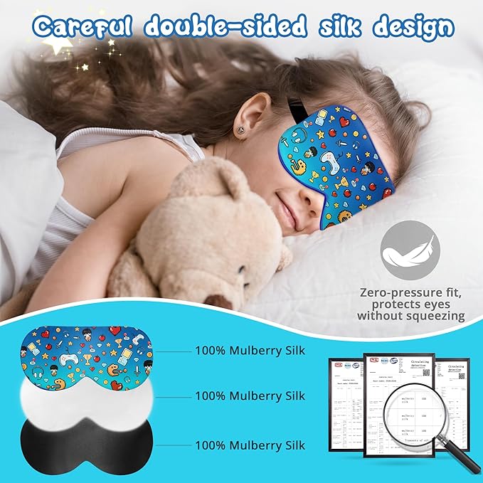 Kids Sleep Mask Eye Cover: 100% Real Natural Pure Silk Eye Mask with Adjustable Strap, Funny Blindfold Kids Eye Mask for Sleeping, Soft & Lightweight Eye Shade for Boys Girls Teens (Games Style)