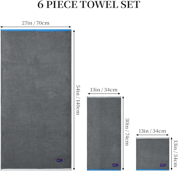 REDKISS 6 Piece Luxury Bath Towel Set, 2 Bath Towels, 2 Hand Towels, 2 Washcloths, 100% Cotton Ultra Soft Highly Absorbent Quick Dry Towels for Bathroom, Gym, Spa, Hotel, Light Grey