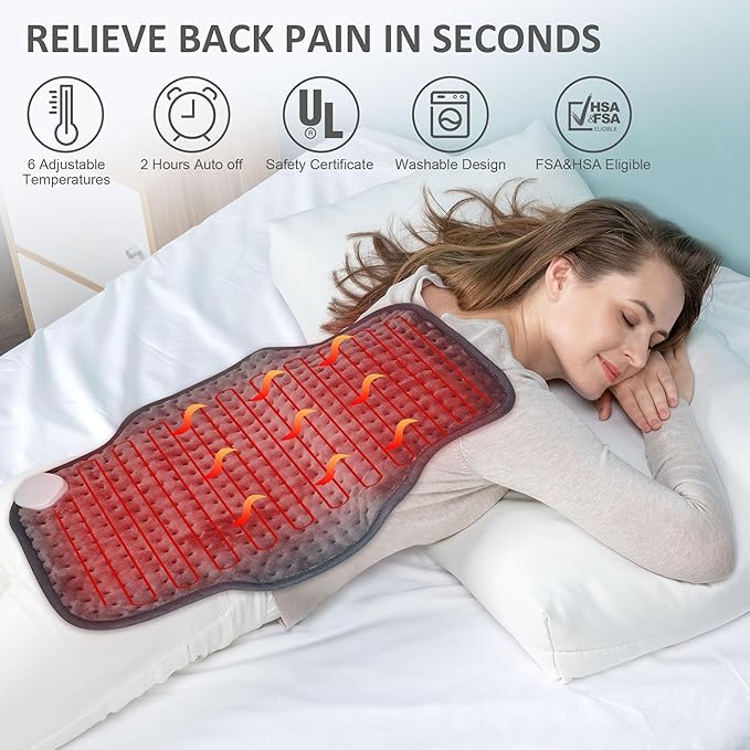 Snailax Heating Pad for Back Pain Relief，Electric Heat Pad for Period Cramps, Neck, Shoulders, Heated Pad with Adjustable Strap, 6 Heat Levels, Auto Shut Off, 16”x24”,Washable,Gifts for Mom Wife