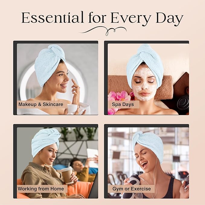 Lili&James 100% Cotton Hair Towel Wrap for Women/Kids | Quick Dry, Soft & Absorbent 420-GSM Hair Wrap Towels with Double Button | Anti Frizz, Non Microfiber Hair Turbans for Curly, Long Hair (Blue)