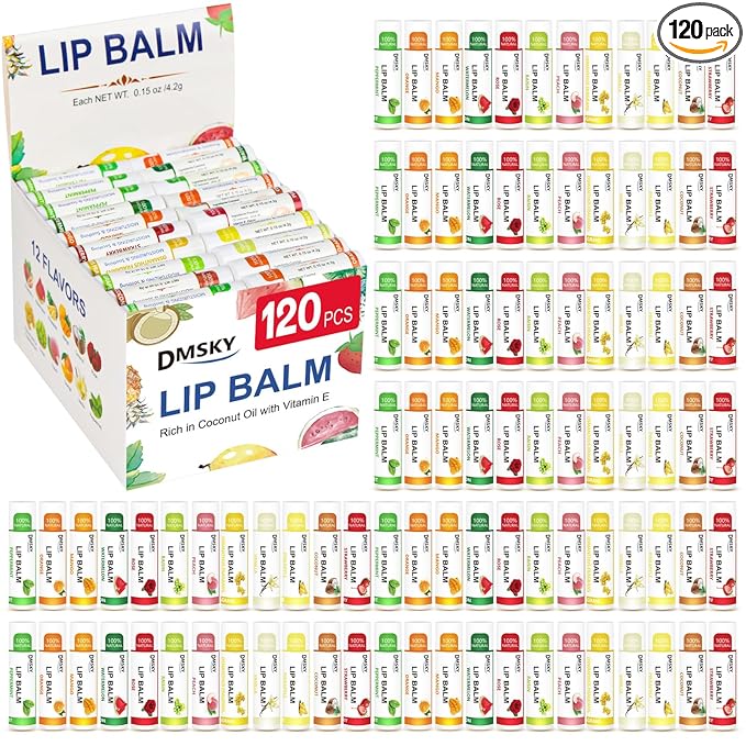 DMSKY Lip Balm 120 Pack, Natural Lip Balm Bulk with Vitamin E and Coconut Oil, Moisturizing Lip Care for Dry Chapped Lips, Party Favors-12 Flavors