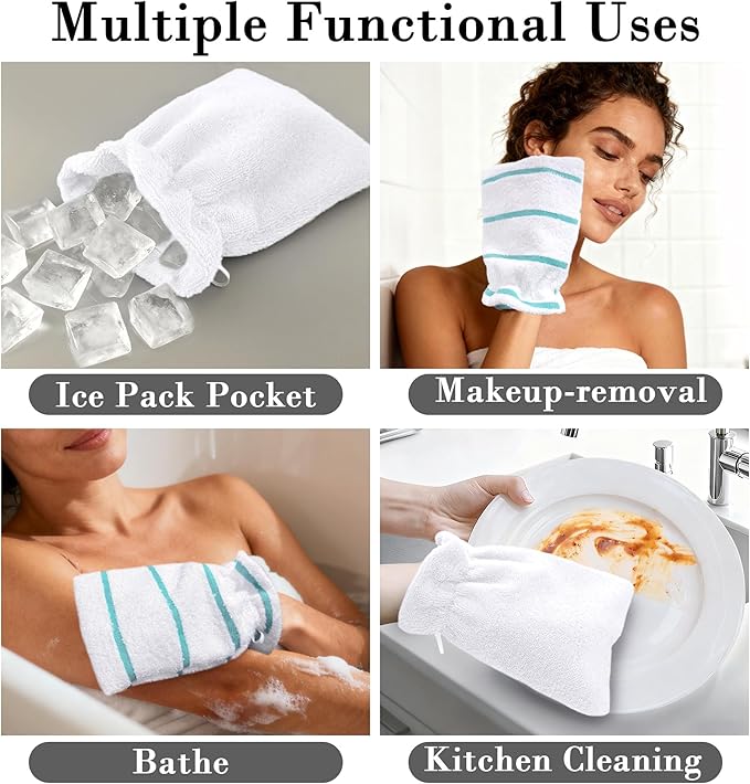 VOOVA & MOVAS 6Pack Bath Mitts for Shower,8.3x6.3 Inch,100% Cotton Soft Absorbent Bath Mitt with Hanging Loop, European Style Wash Cloths for Body Shower & Bath, Aqua Stripe & White