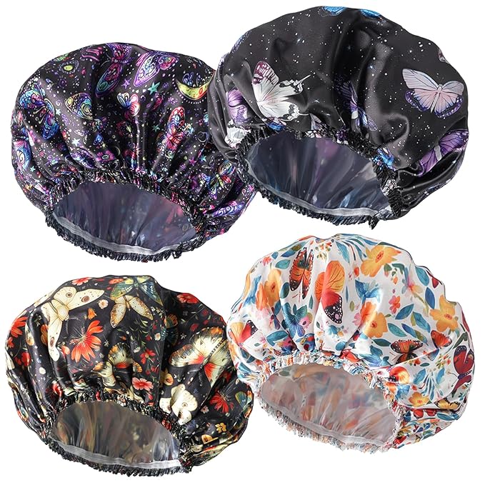 Shower Cap for Women,4 PCS Elastic and Reusable Bath Caps, Double Layers Shower Caps Reusable Waterproof, Bathing Shower Caps, Environmental Bath Hair Protection Cap - Butterfly B