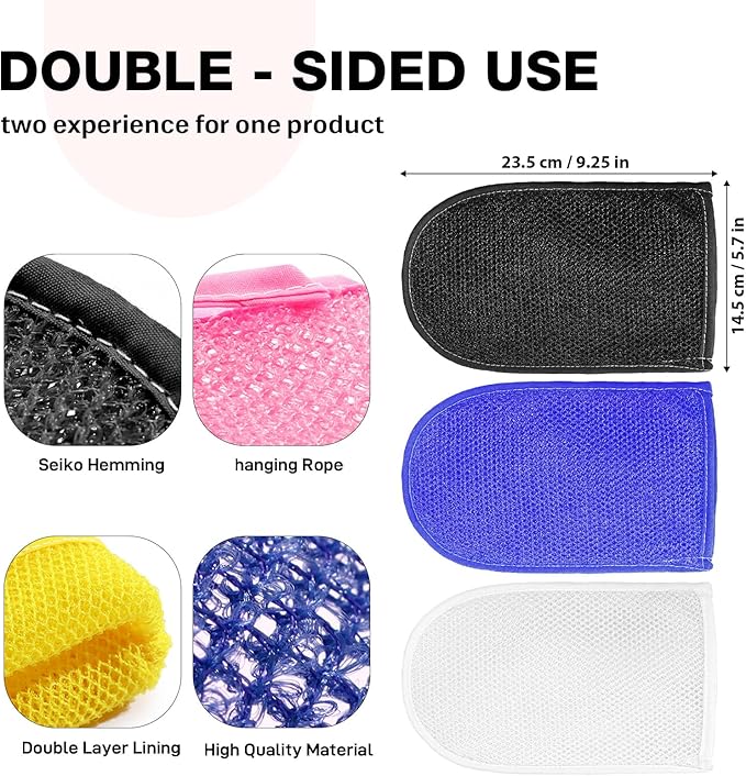 African Net Sponge Exfoliating Gloves, 3-Pack Bath Mitts for Deep Cleaning & Dead Skin Removal, Assorted Colors （Black, Blue, White）