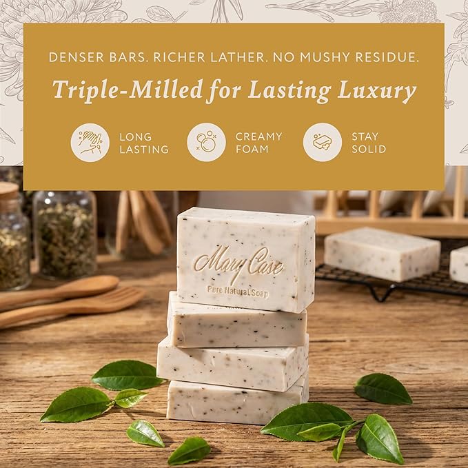 Mary Case Goat Milk & Tea Tree Bar Soap Set of 4 | Natural Soap with Olive, Coconut & Tea Tree Oils + Dried Tea Tree Leaves | Bath Soap for Men & Women | Gentle Cleansing, Purifying & Balancing Skin