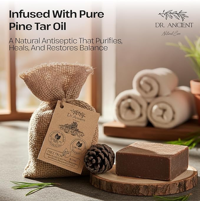 Dr.Ancient Pine Tar Black Soap Bar, Organic Soap Bars Handcrafted the Traditional Way, Natural Chemical-Free, Vegan, Used for Face and Body, Deep Cleansing, and Nourishing Daily Skin