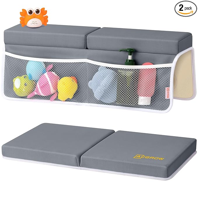 Bath Kneeler and Elbow Rest Pad Set - Comfortable 1.5” Thick Baby Bath Kneeler Pads with Toys Organizer, Non-Slip Knee Arm Support Bathtub Mat, Quick-Drying Kneeling Pad for Baby Bath Time