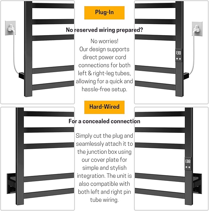 8-Bar Electric Heated Towel Warmer, Fast Heating with Auto Shut-Off Timer, Matte Black Finish, Wall-Mounted Spa Towel Heater, Hardwired or Plug-in Options