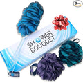 SHOWER BOUQUET Loofah-Charcoal Back-Scrubber & Bath-Sponge Color-Set // 1 Long-Handle-Back-Brush plus 2 Extra Large 75g Soft Mesh Loofa Lufa Loufa Poufs, Men & Women - Exfoliate with Full Pure Cleanse