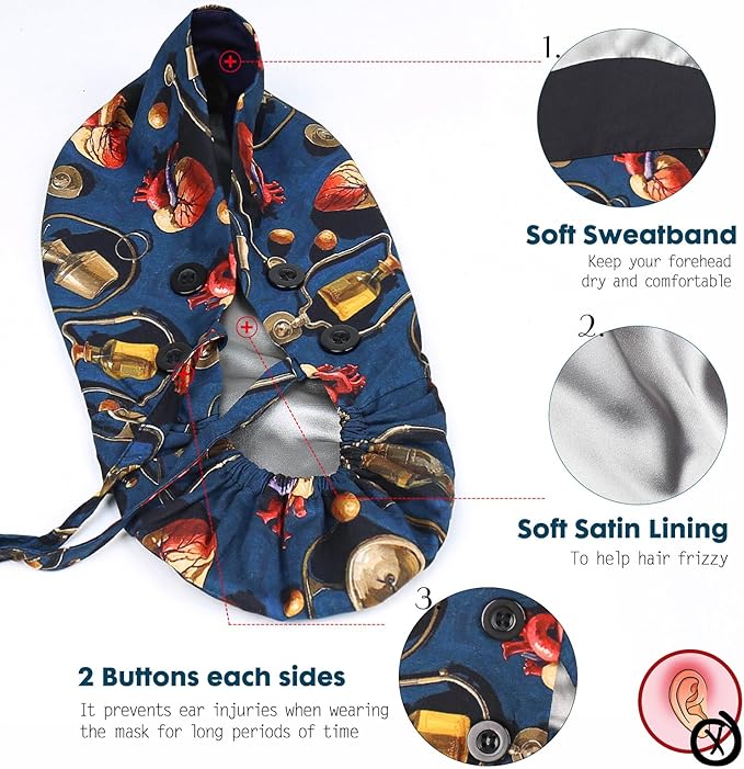 Satin Lined Scrub Caps with Buttons & Sweathand, Surgical Caps for Women