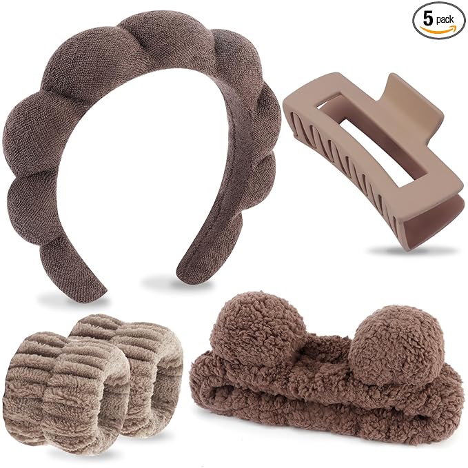 VELSCRUN Spa Headband, Makeup Face Wash Skincare Headbands, 5 Pcs Sponge Get Ready Bear Ears Hairband Facial Wristband Hair Clip Set, Stuff for Teen Girls Women Trendy Hair Accessories Dark Brown
