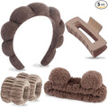 VELSCRUN Spa Headband, Makeup Face Wash Skincare Headbands, 5 Pcs Sponge Get Ready Bear Ears Hairband Facial Wristband Hair Clip Set, Stuff for Teen Girls Women Trendy Hair Accessories Dark Brown