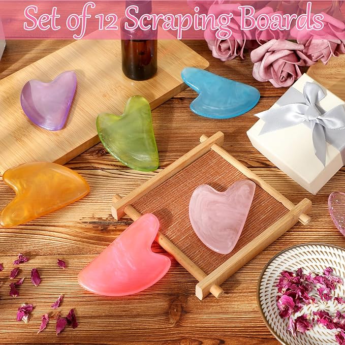 Sherr 12 Pcs Gua Sha Facial Tools Resin Heart Shaped Massage Guasha Tool for Face Guasha Board for Face Body Skin Massage Spa Acupuncture Prevent Wrinkles, 12 Colors(Sweet Color)