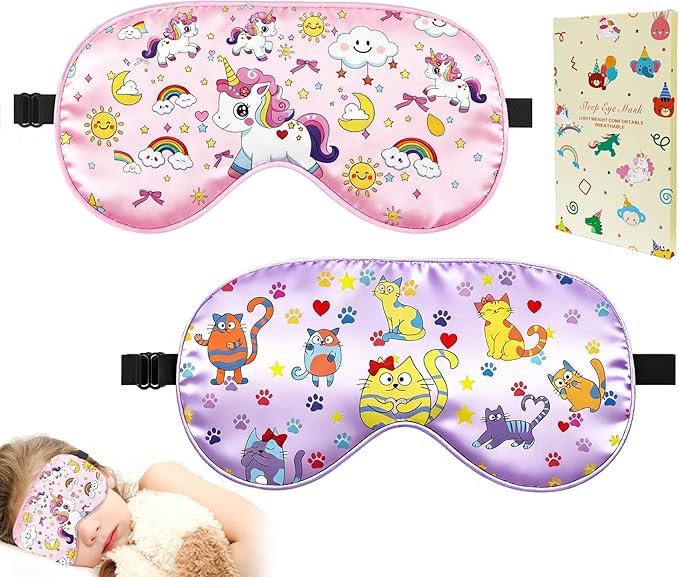 2 Pcs Sleep Mask for Kids Girls, Silk Eye Covers for Sleeping, Adjustable Strap & Light Blocking Design, Children's Bedtime Blindfold for Travel and Home Use with Gift Box (Rainbow Unicorn)