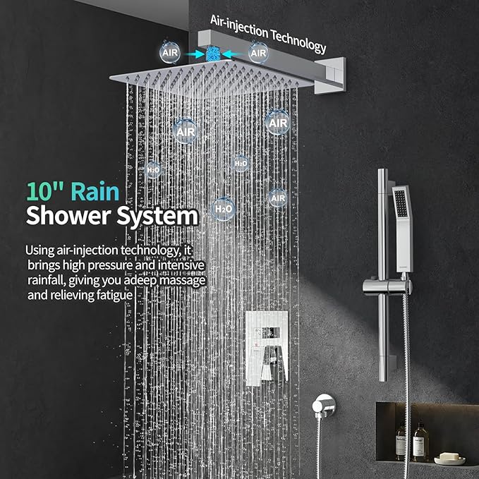 SR SUN RISE 10 Inch Square Shower Faucet, Adjustable 16-Inch Slide Bar Hand Held Shower with Hose, Square Rain Shower Head and Handheld Spray Included Valve and Shower Trim Kit, Polished Chrome